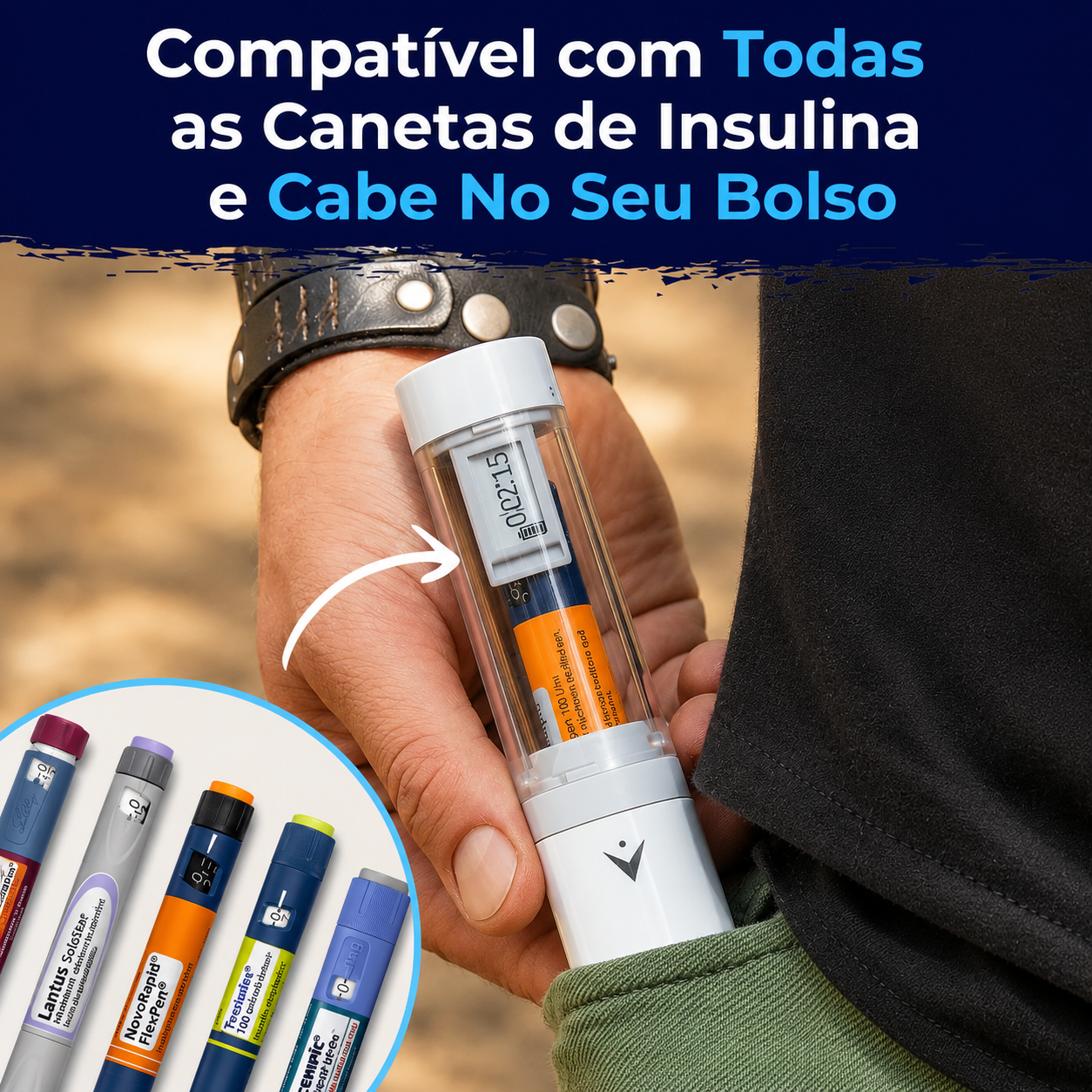Compatível com todas as canetas de insulina e cabe no bolso